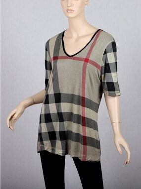 Burberry Plaid V-Neck Tunic in Beige, Black and Red